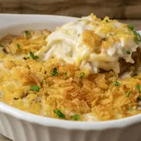 5 Ingredient Hash Brown Casserole topped with crushed potato chips.