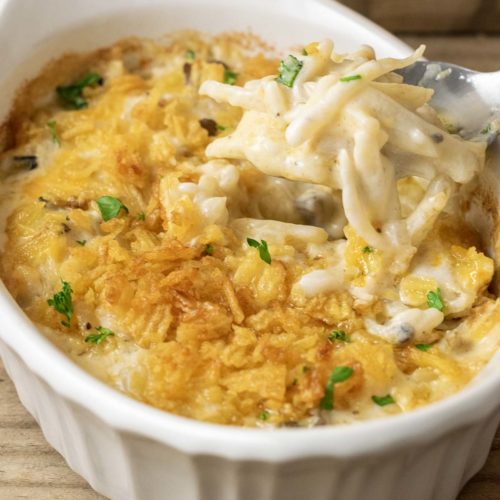 5 Ingredient Hash Brown Casserole in a casserole dish.