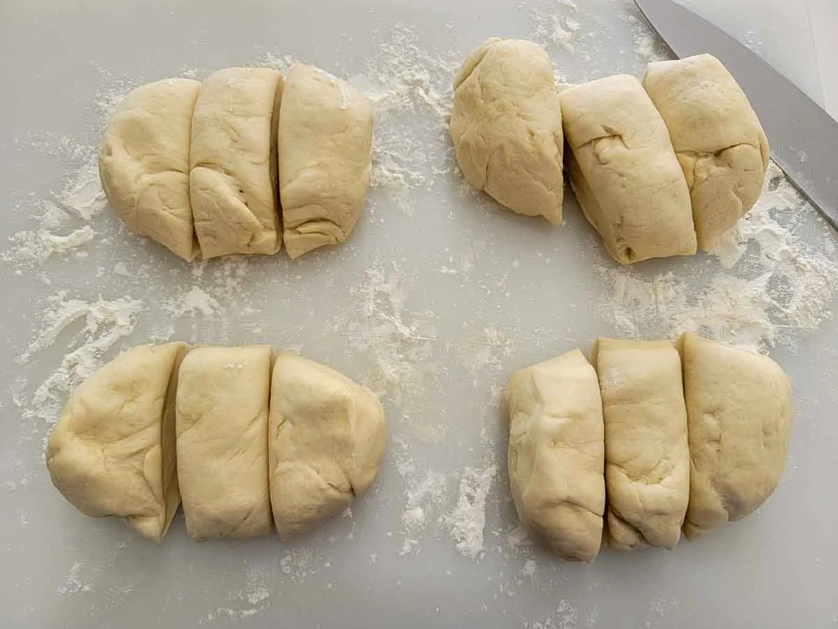 breadstick dough cut into 12 equal pieces.