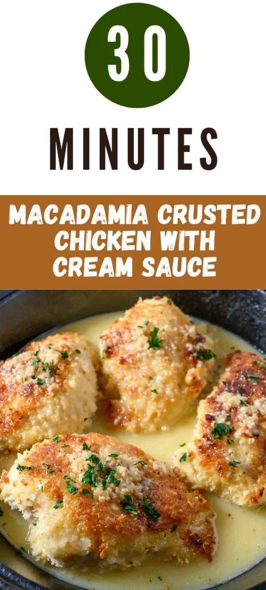 Macadamia Crusted Chicken with Cream Sauce in a cast iron skillet.