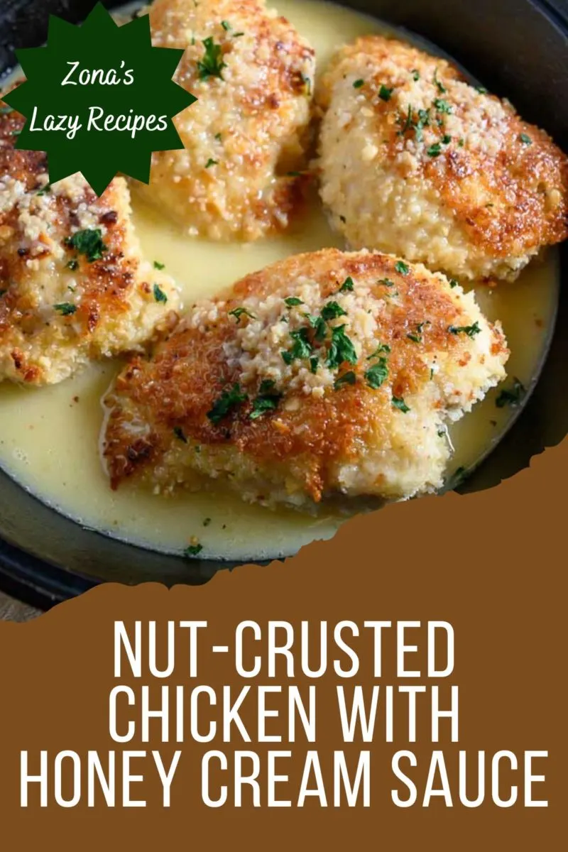 Nut-Crusted Chicken with Honey Cream Sauce in a cast iron skillet.