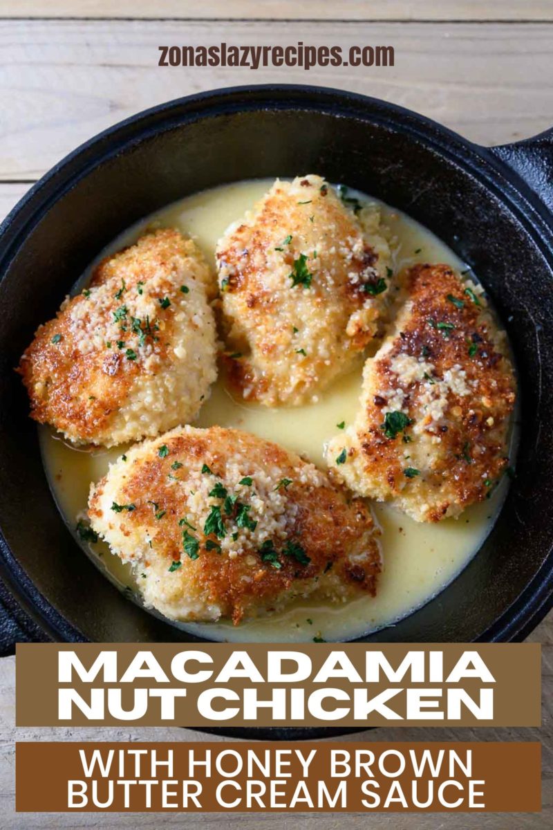 Macadamia Nut Chicken with Honey Brown Butter Cream Sauce in a cast iron skillet.