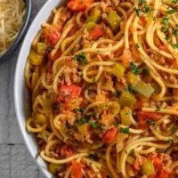 Veggie and Meat Spaghetti (with Vegan option) in a bowl.