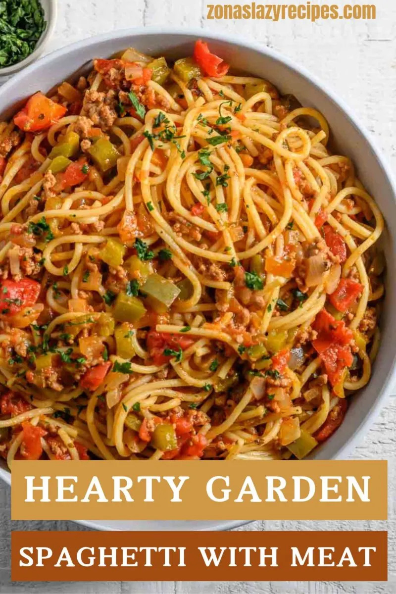 Hearty Garden Spaghetti with Meat in a bowl.