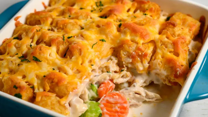 6 Ingredient Tater Tot Casserole in a baking dish.