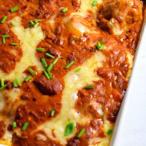 7 Ingredient Enchilada Meatball Casserole in a baking dish.