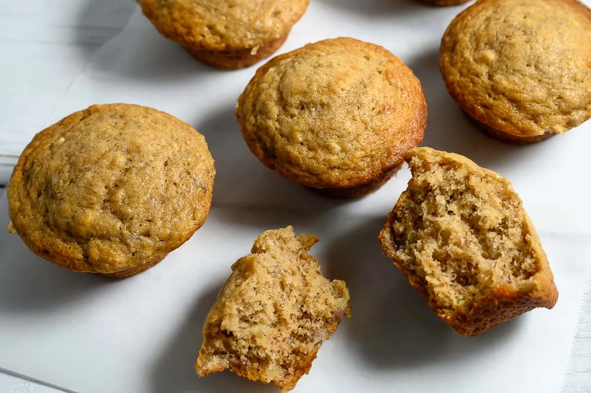 Easy Banana Bread Muffins on parchment paper.