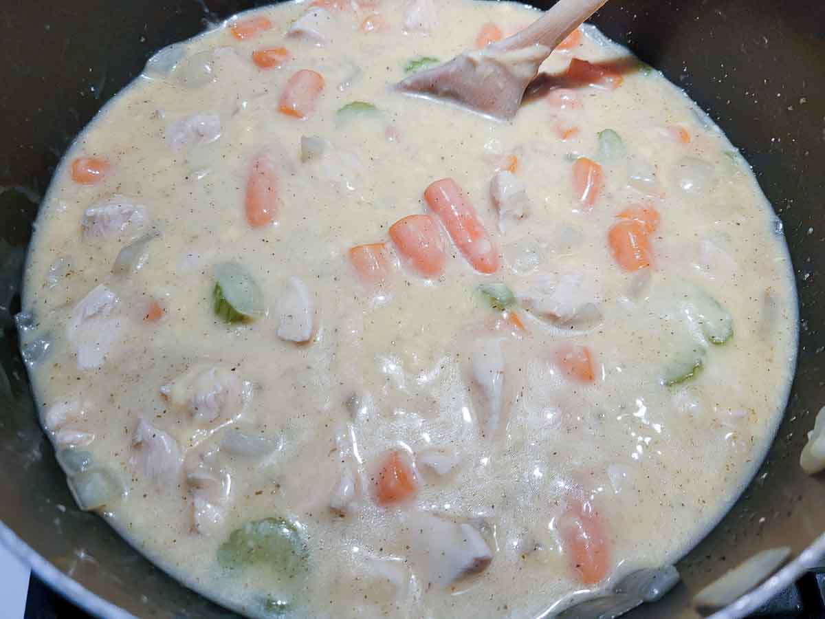 cream of chicken soup, sage, salt, pepper, chicken broth, diced chicken, celery, onions, and carrots cooking in a pot.