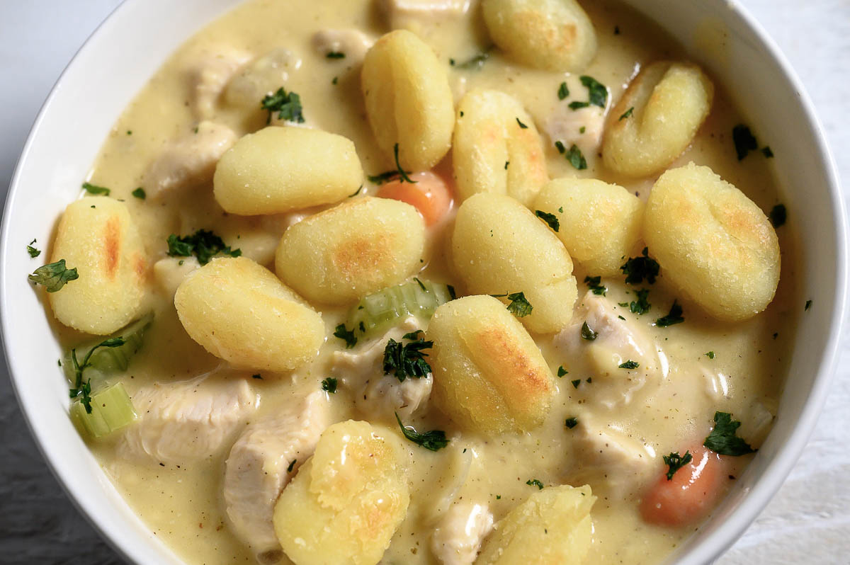 Easy Chicken and Gnocchi Dumplings in a bowl.