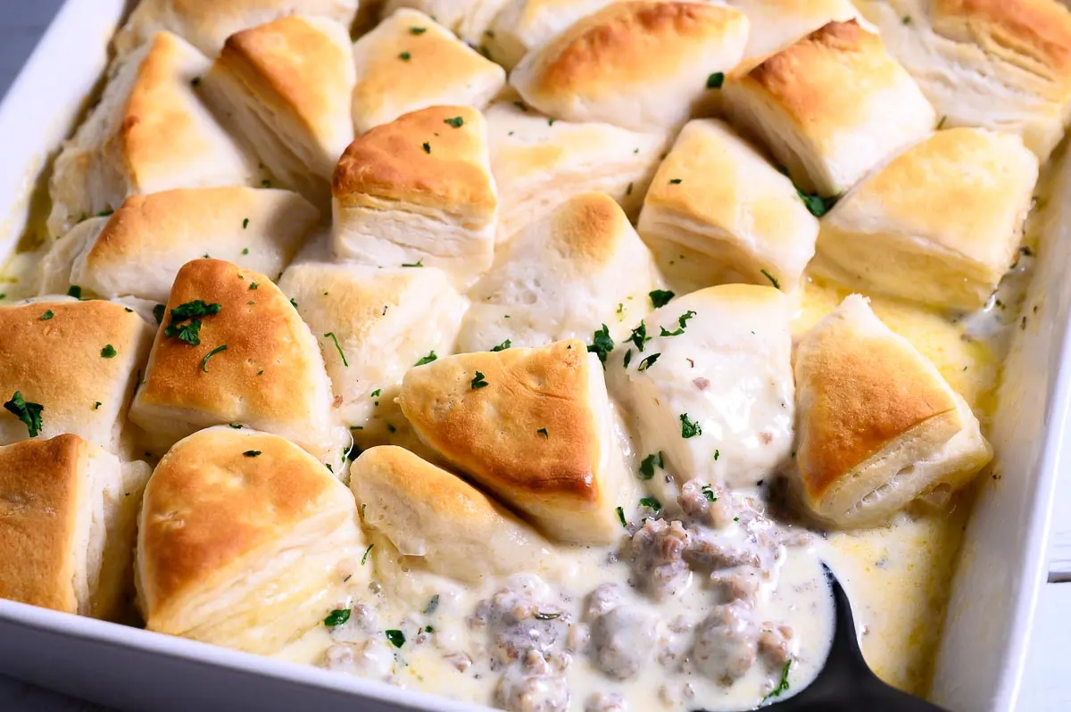 6 Ingredient Biscuits and Gravy Casserole in a baking dish.