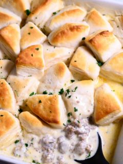 6 Ingredient Biscuits and Gravy Casserole in a baking dish.