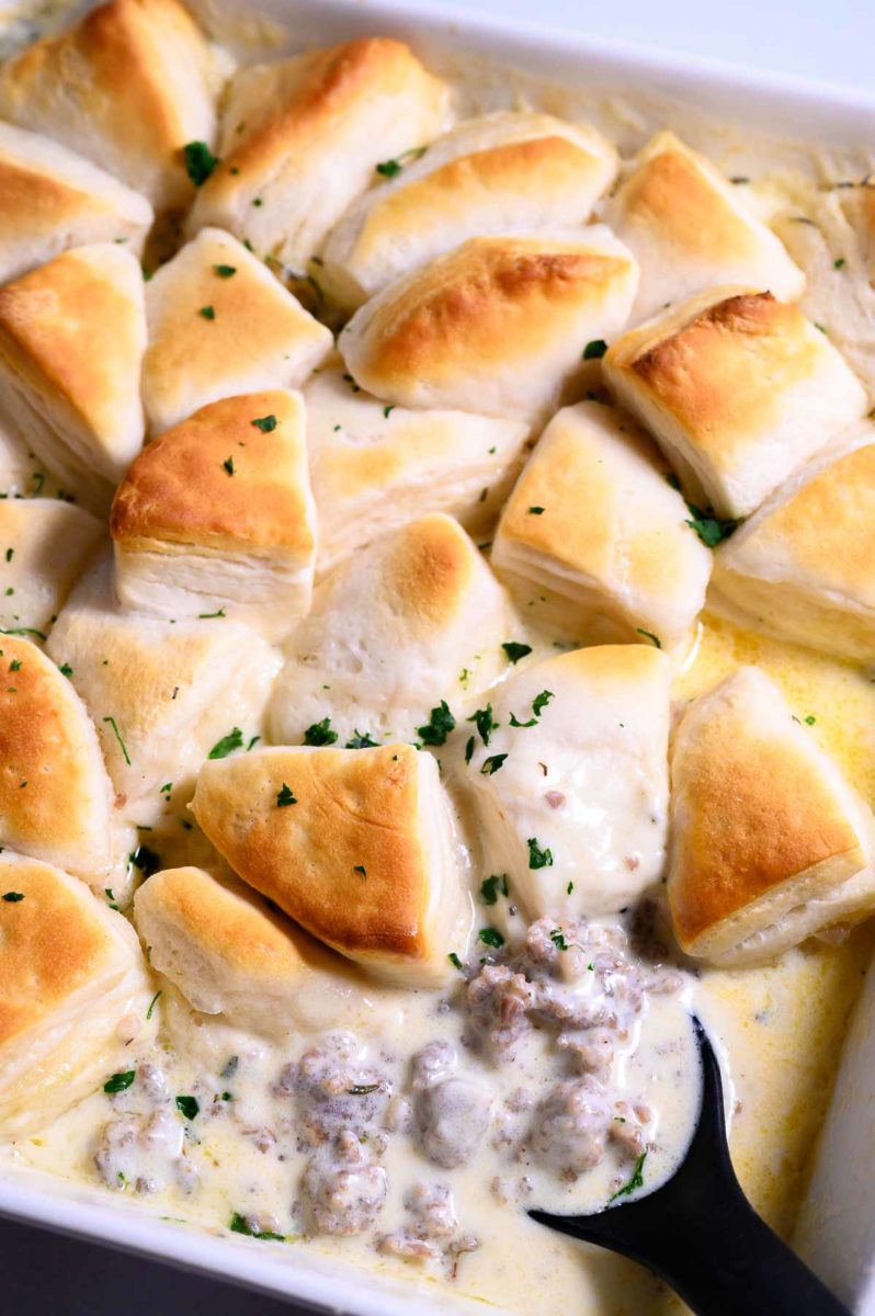 6 Ingredient Biscuits and Gravy Casserole in a baking dish.