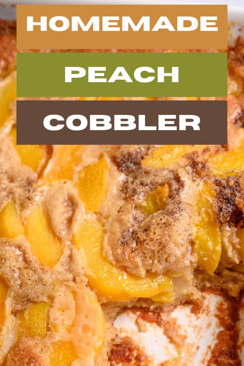 Homemade Peach Cobbler in a baking dish.