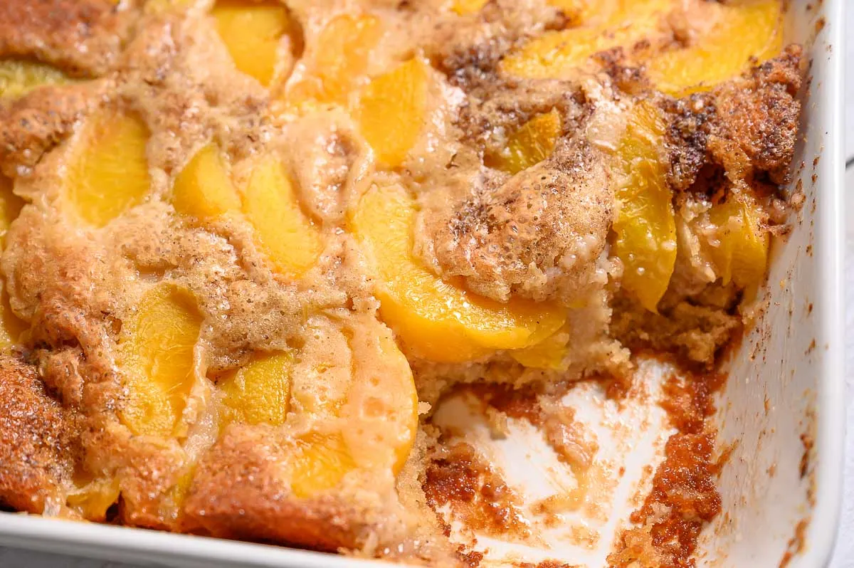 7 Ingredient Peach Cobbler in a baking dish.