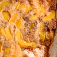 7 Ingredient Peach Cobbler in a baking dish.