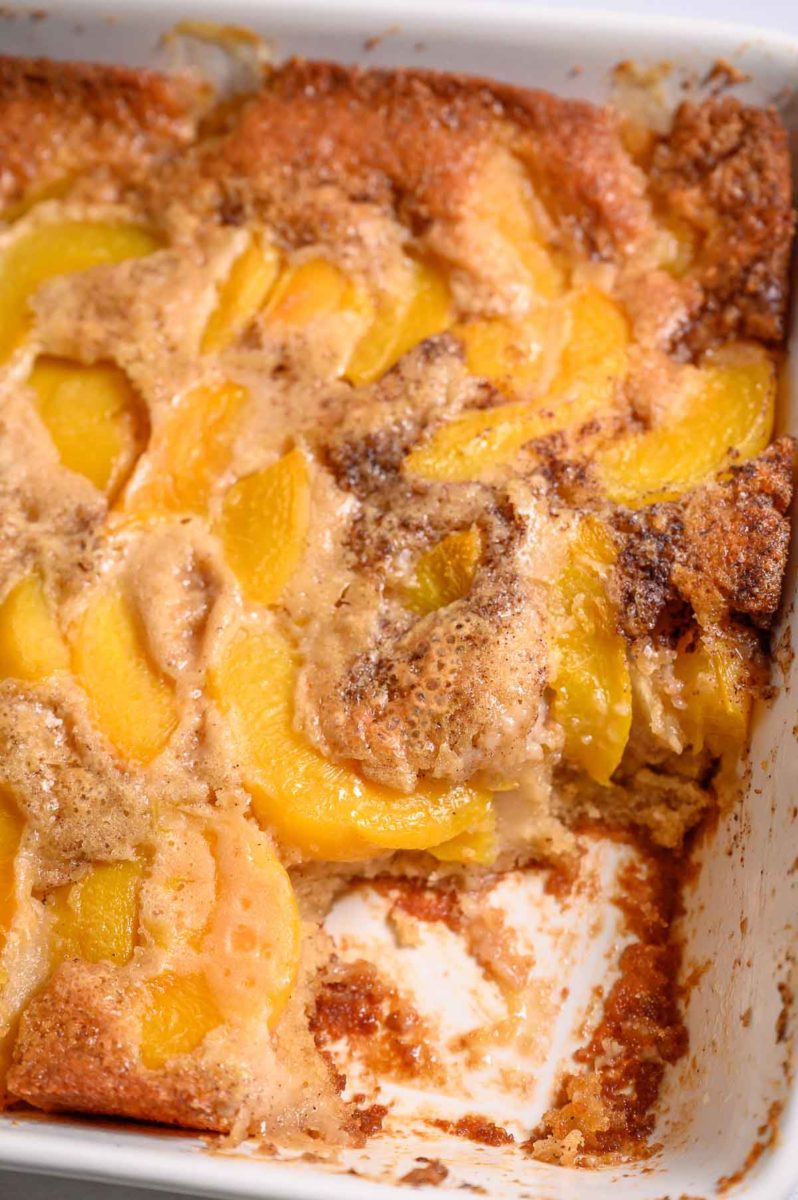 7 Ingredient Peach Cobbler in a baking dish.