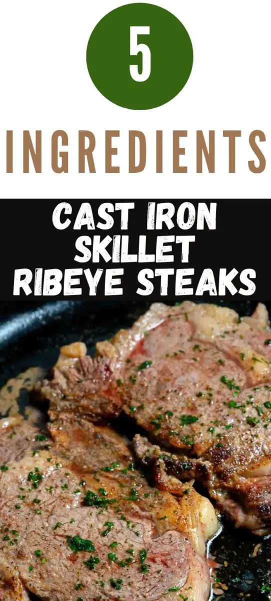 Cast Iron Skillet Ribeye Steaks cooking in a pan.