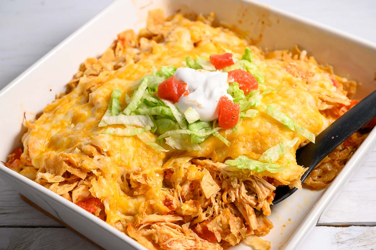 Easy Chicken Taco Casserole in a dish.