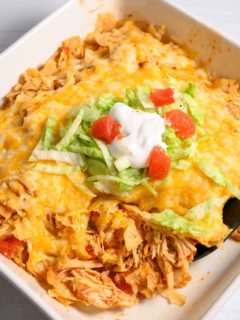 Easy Chicken Taco Casserole in an oven-safe dish.