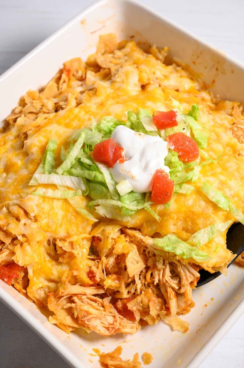 Easy Chicken Taco Casserole in an oven-safe dish.