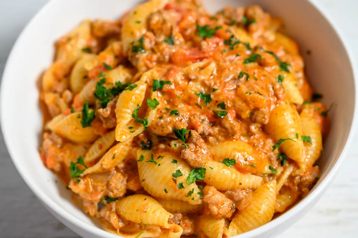 Creamy Beef Pasta Skillet in a bowl.