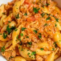 Creamy Beef Pasta Skillet in a bowl.