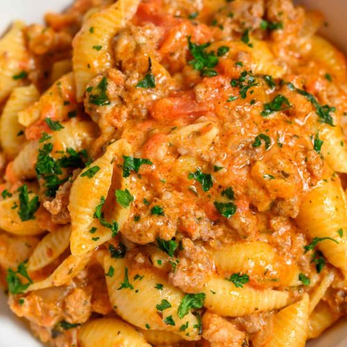 Creamy Beef Pasta Skillet in a bowl.