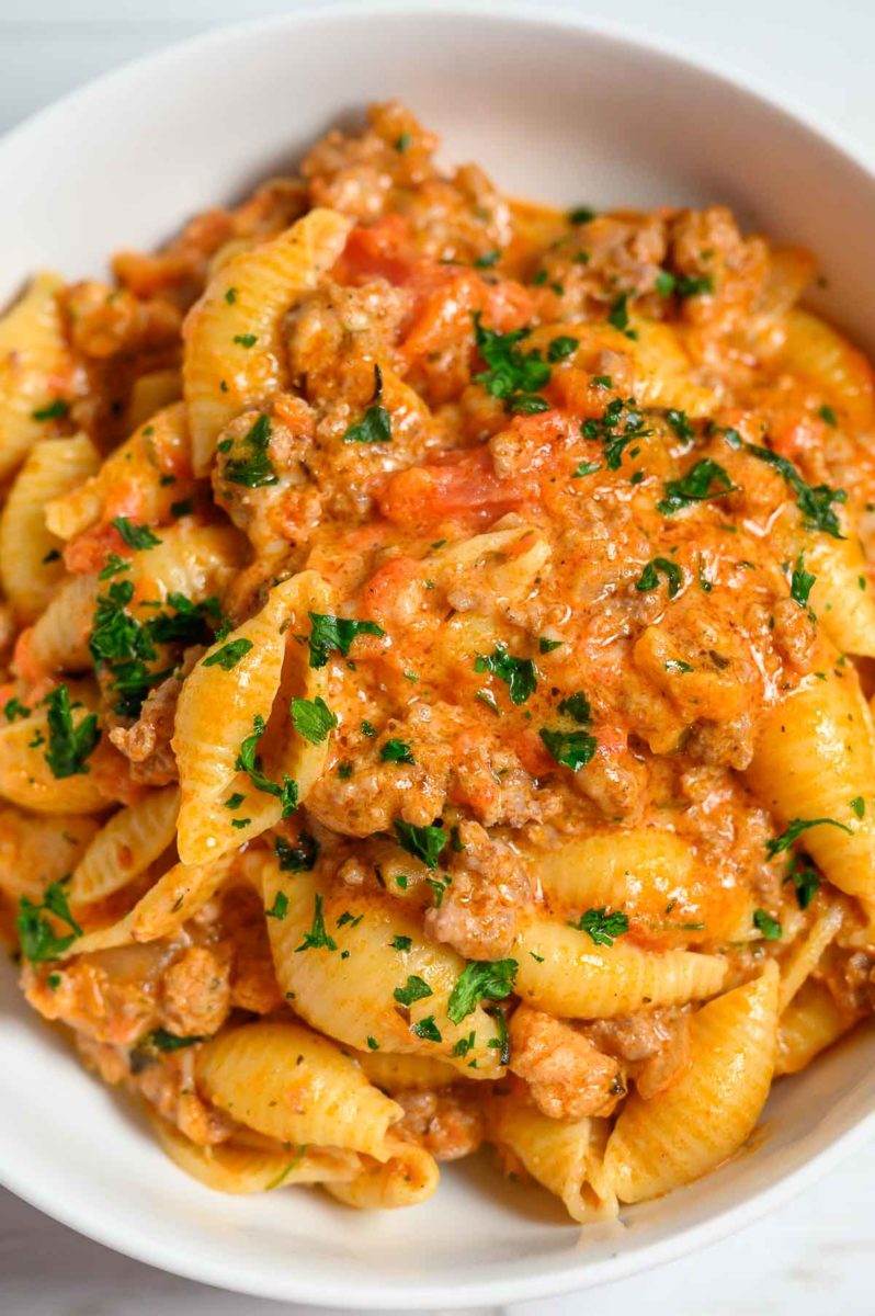 Creamy Beef Pasta Skillet in a bowl.