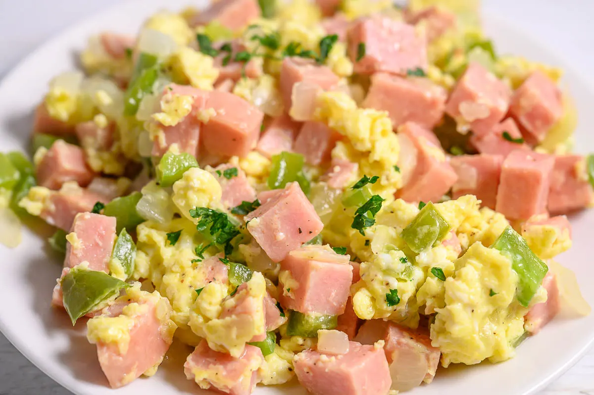 6 Ingredient Spam Scrambled Eggs on a plate.