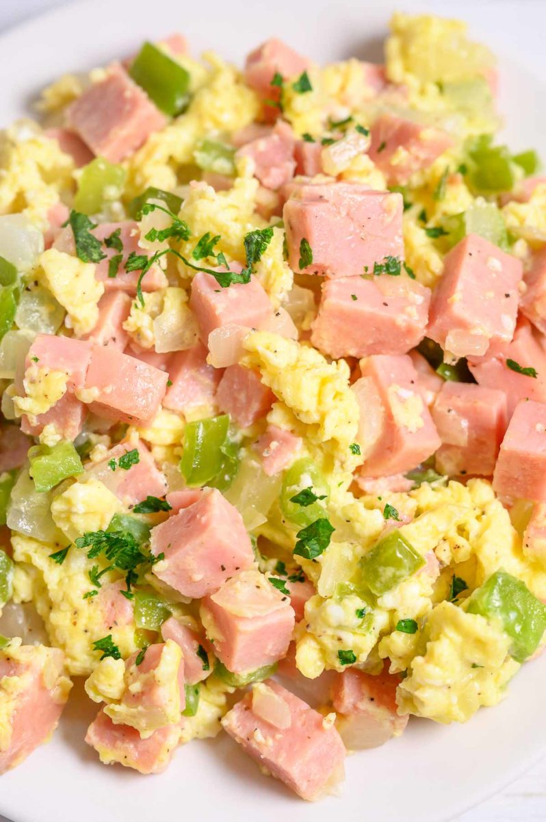 6 Ingredient Spam Scrambled Eggs on a plate.