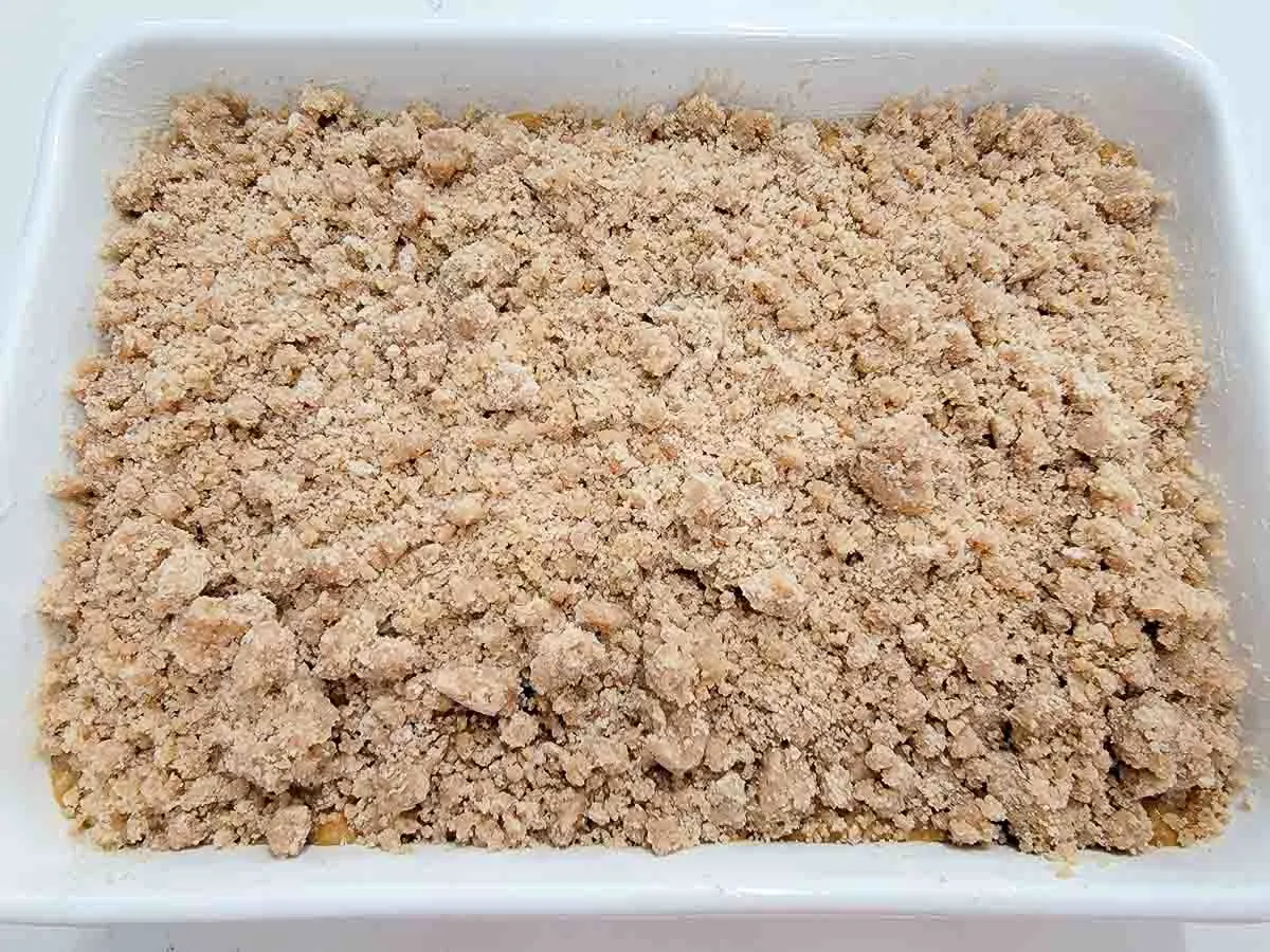 butter, flour, sugar, cinnamon, and salt topping over pumpkin batter in a baking dish.