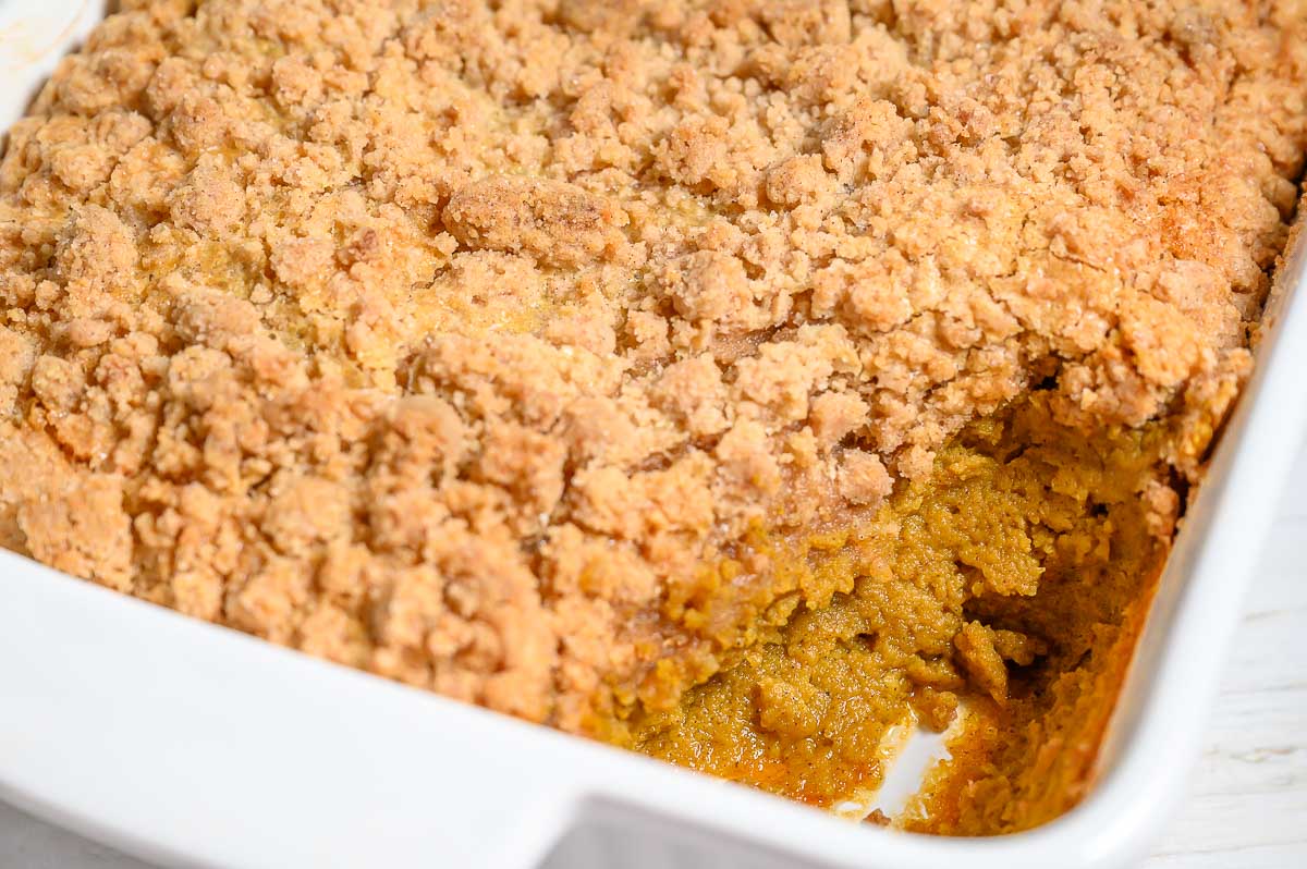 Pumpkin Crisp in a 9x13 baking dish.