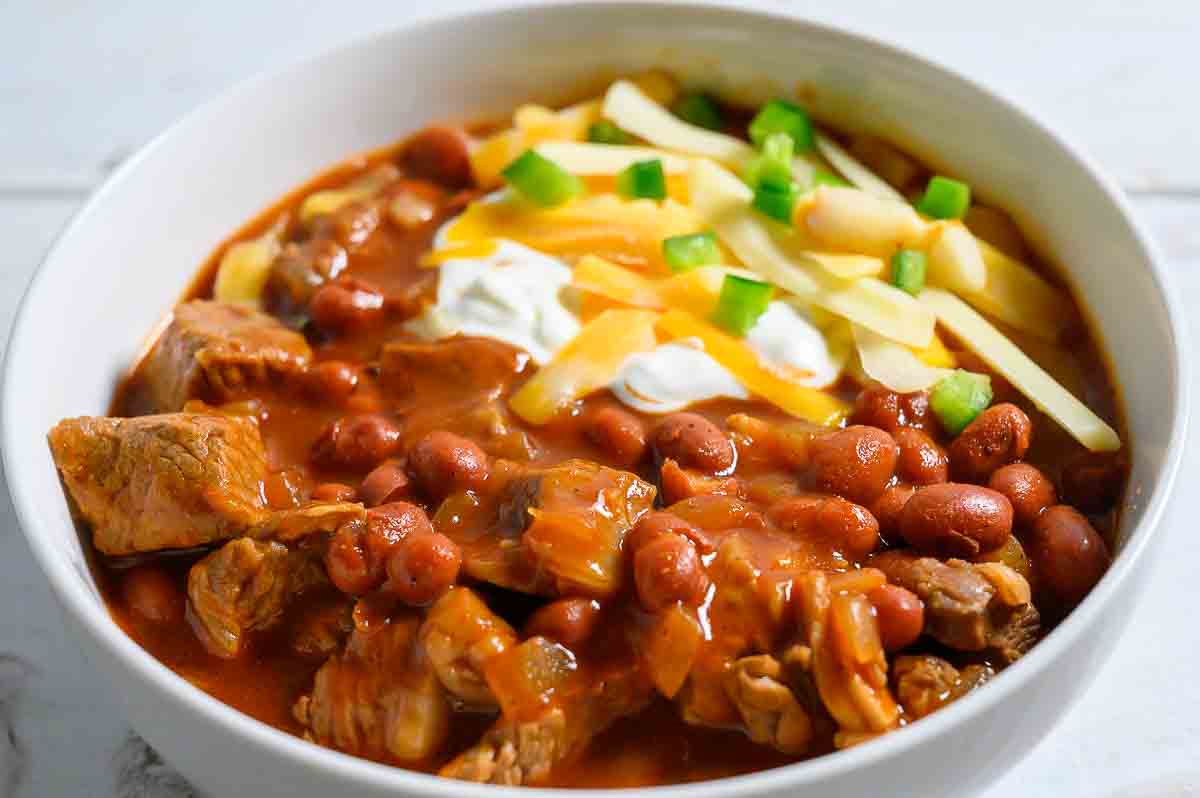 Beef Steak Chili topped with sour cream, shredded cheese, and jalapenos.