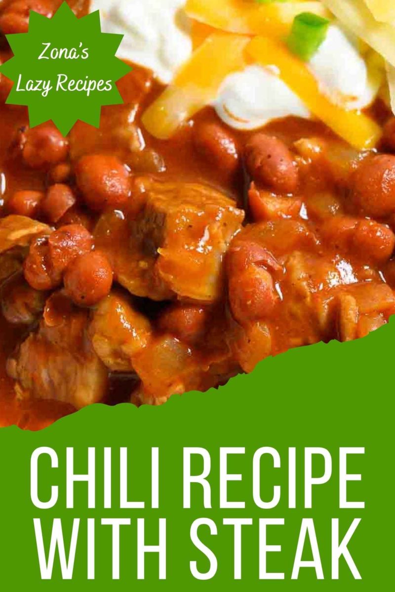 Chili Recipe with Steak topped with sour cream, shredded cheese, and jalapenos.