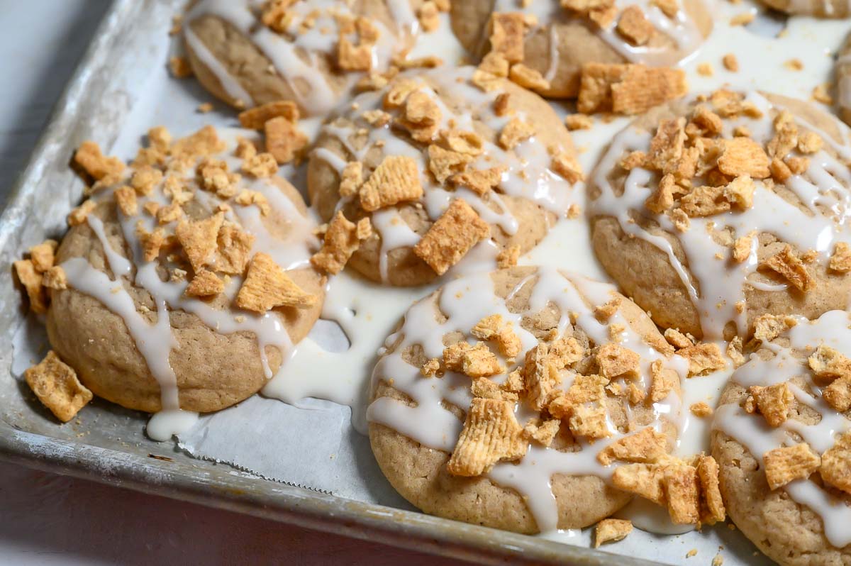 Cinnamon Toast Crunch cookies on a baking tray.