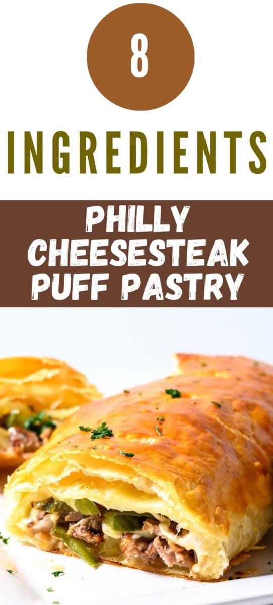 ribeye steak, green pepper, onions, and provolone cheese baked inside of flaky puff pastry.