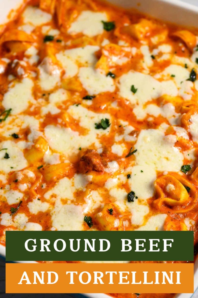 ground beef and tortellini in a baking pan.