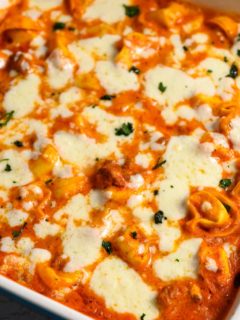 Ground Beef Tortellini in a baking dish.