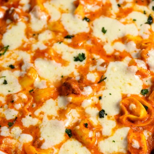 Ground Beef Tortellini in a baking dish.