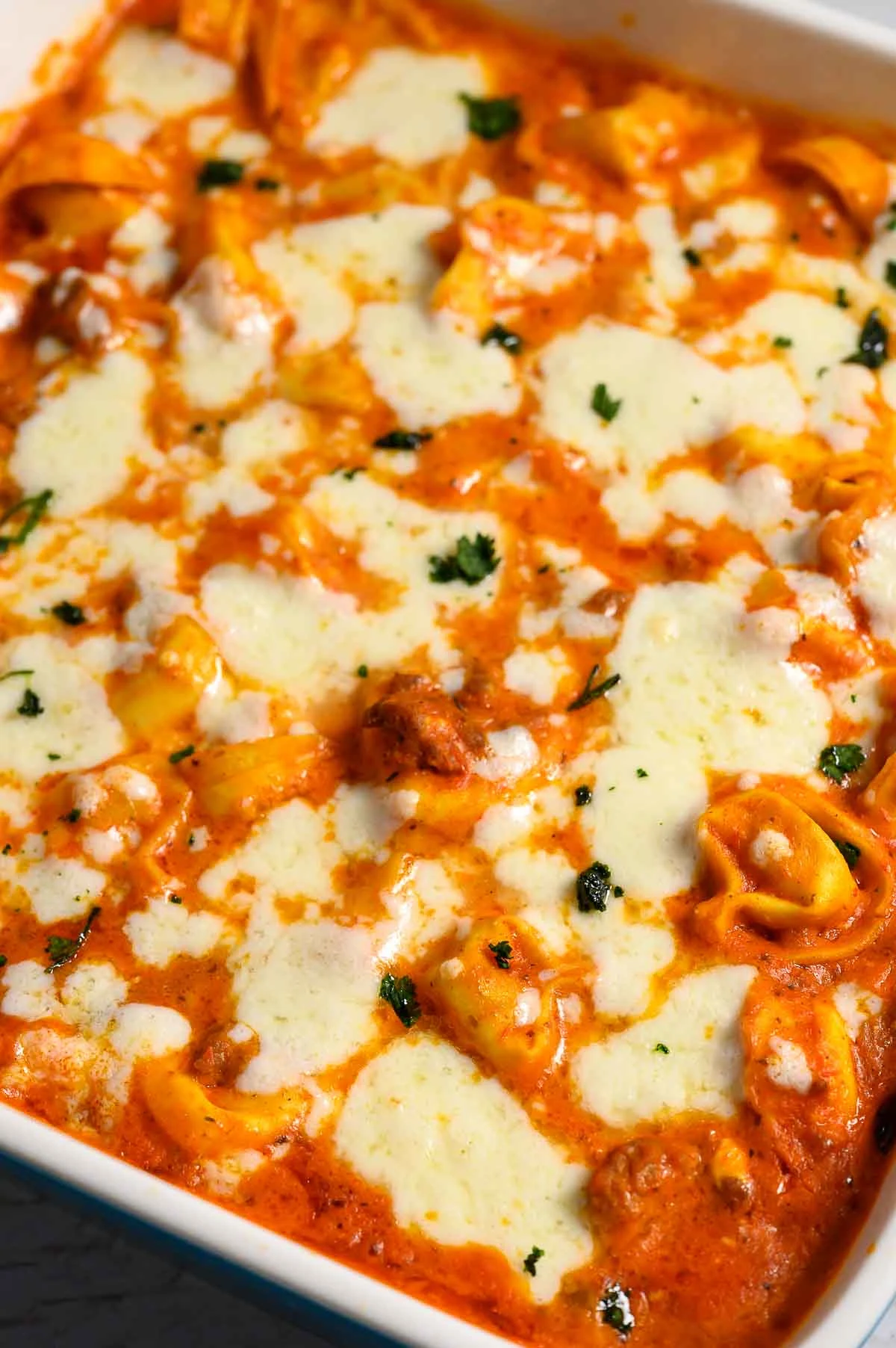 Ground Beef Tortellini in a baking dish.