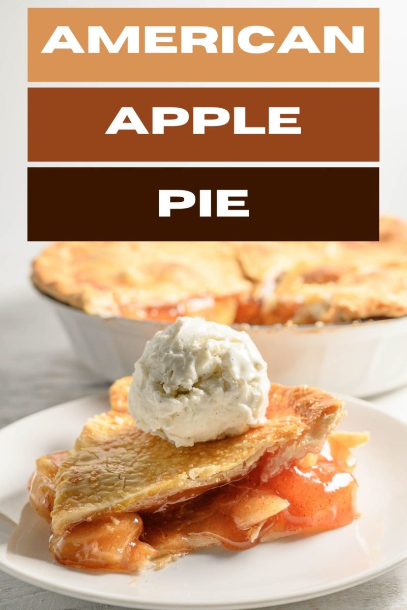 slice of American apple pie topped with ice cream.