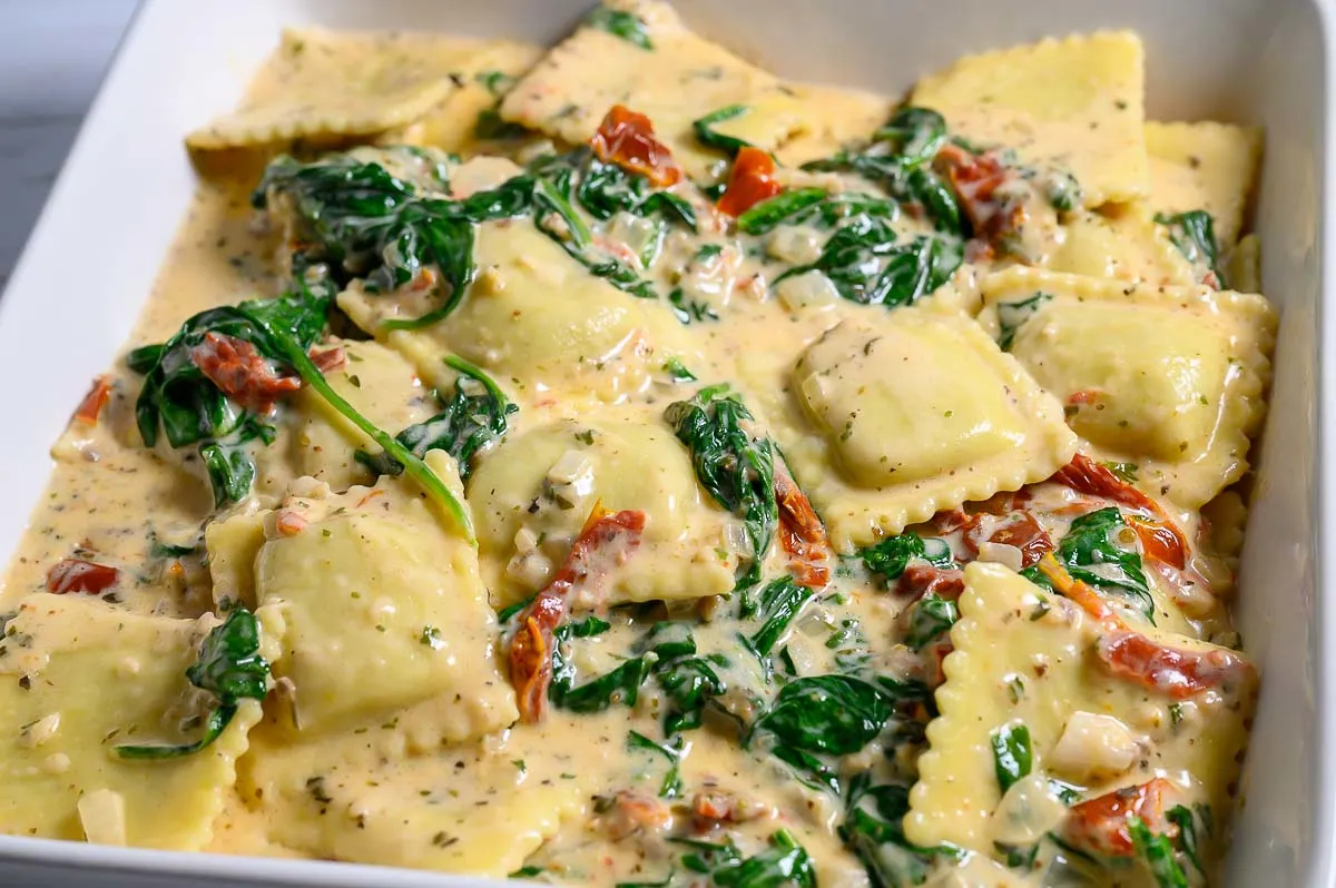 Tuscan Ravioli in a serving dish.